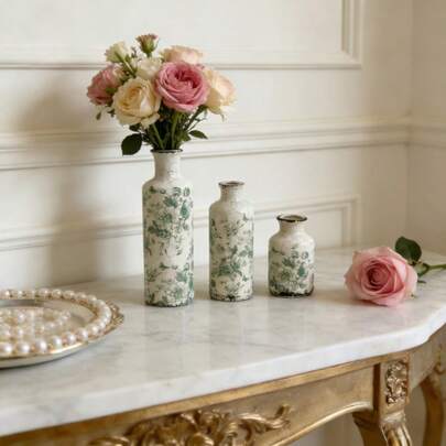 3pcs Ceramic Vase Set (No Baking Flower Paper), Blue & White Neutral Rustic Modern Farmhouse Bohemian Decor, Versatile As Dining Table Centerpiece Or Fireplace Mantel Decoration - Unique Home Gift