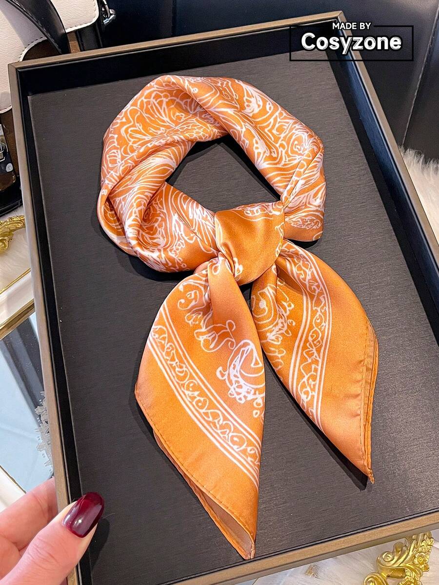 1pc Faux Silk Paisley Floral Print Bohemian Style Bandana, Versatile Hair Scarf Accessory For Women, Essential For Spring/Summer, Fashion Decoration,Accessories,Holiday - Orange - View 1