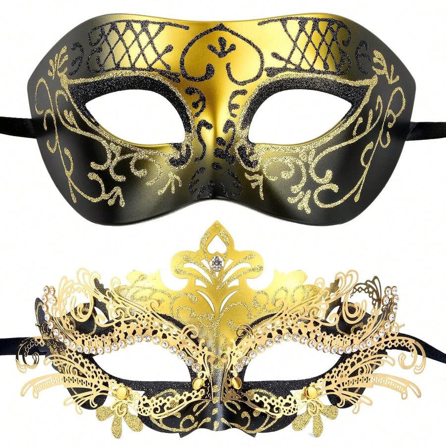 Máscara de pareja - Máscara veneciana de alambre metálico brillante con cristales de frambuesa para hombres Máscara de carnaval (Máscara pintada a mano, las líneas pueden tener errores, pero no afecta el uso) - Oro-03 - Ver 1