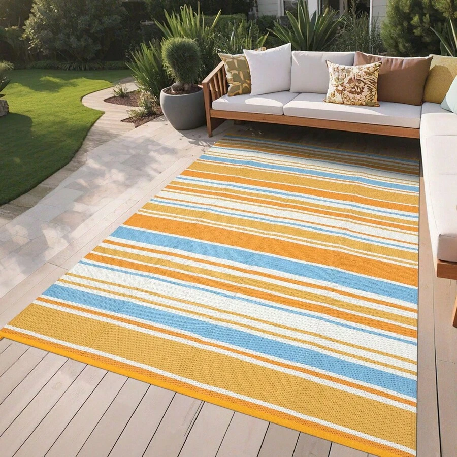 Striped Outdoor Area Rug, Waterproof Outdoor Rug,Reversible Outdoor Rugs, Patio Plastic UV Resistant Garden Rug, Plastic Straw Rug With Portable Bag For Front Door, Kitchen, Entryway, Patio, Porch - Blue/Orange/Yellow/White-8*10ft(244*305cm) - View 1
