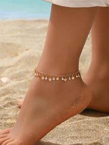1条时尚精致的心形玻璃水钻流苏脚链，适合夏季海滩、日常、休闲、派对搭配凉鞋佩戴，母亲节、生日、节日礼物。 - 金色 - 查看 1