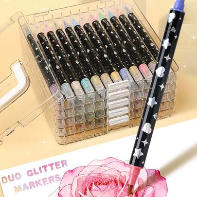 Dual Tip Glitter Brush Markers, 1/12/24Pcs Dual-Colors Metallic Glitter Pens, Brush Tip Sparkle Markers Paint Pens For Adults Coloring, Doodle, Writing, Card Making, Art Crafts Gifts
