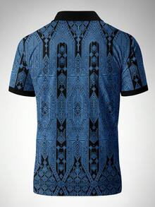 Men's Vacation Casual Geometric Print Polo Shirt & Shorts Set - Blue - View 3