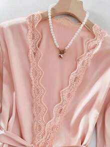 5pcs Solid Color Satin & Lace Patchwork Pajama Set, Including Long Sleeve Robe, V-Neck Camisole, Shorts, Pants And Belt, Elegant Women Sleepwear Loungewear - Burgundy - View 9