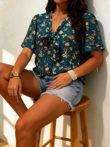 Blusa casual con volantes florales para mujer de talla grande, elegante para oficina en el campo, tops de primavera/verano para jóvenes, estampado botánico todo sobre para vacaciones - Multicolor - Ver 3