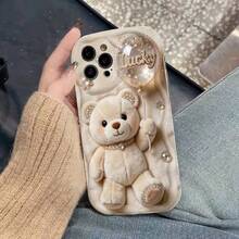 1pc Cute Bear Cartoon Pattern Phone Case, 2D Flat Design Cream Lace Trim Thick Shock-Proof Luxury Feel Phone Case - Antique White - View 1