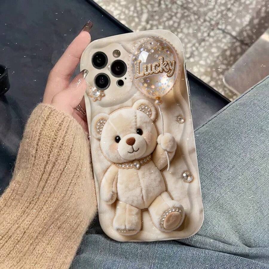 1pc Cute Bear Cartoon Pattern Phone Case, 2D Flat Design Cream Lace Trim Thick Shock-Proof Luxury Feel Phone Case - Antique White - View 1