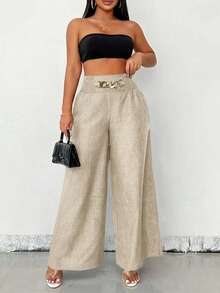 Calça Pantalona Plus Size Feminina- Linho 100% - Corrente Dourada | Cintura Alta | G1, G2, G3 - Bege - Visão 13