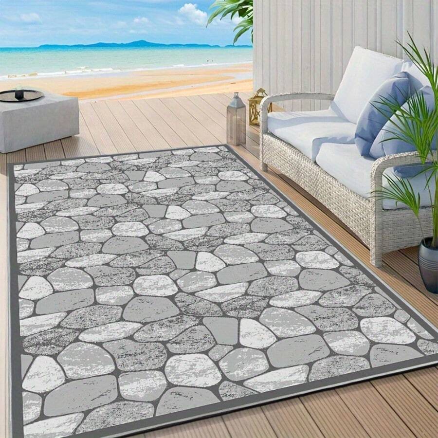 1 Piece Stone Pattern Printed Outdoor Rug, Rustic Style Stone Print Mat, Outdoor Carpet, Patio Rug, Balcony Mat, Garden Mat, RV Carpet, Camping Rug, Beach Rug, Sunroom Carpet