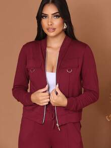 Wide-Leg Pants + Long-Sleeved Jacket In Cool, Lightweight Fleece Fabric For Winter 2026. Zipper. - Gỗ đỏ - Xem 4