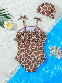 Baby Girls' Leopard Print One-Piece Swimsuit Set, Including Swimsuit And Swim Cap. The Spaghetti Strap Neckline Is Decorated With Matching Ruffle Trim, Adding A And Fitting The Well. Suitable For Wearing In The Pool Or At The Beach. - Brown - View 2