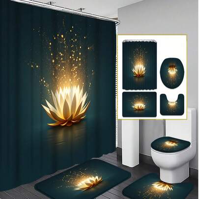 1/3/4 Sets Gold Lotus Bathroom Shower Curtain Set; Luxury Zen-Inspired Design, Waterproof And Durable, Suitable For Bathroom Decor And Accessories. Size: 71x71 Inches, Includes 12 Hooks, Toilet Seat Cover, Bath Mat And Rug, Made Of High-Quality Polyester Fabric, Washable And Mold-Resistant, Ideal For Holiday Decoration