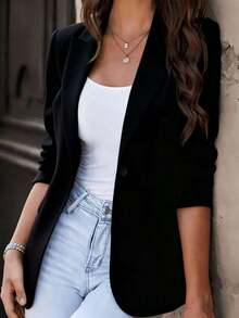 Chaqueta blazer de mujer de manga larga, cuello puntiagudo, hecha de tela de poliéster, con detalles de botones, ajuste y largo regulares, diseño sin estiramiento, color blanco para primavera - Negro - Ver 5