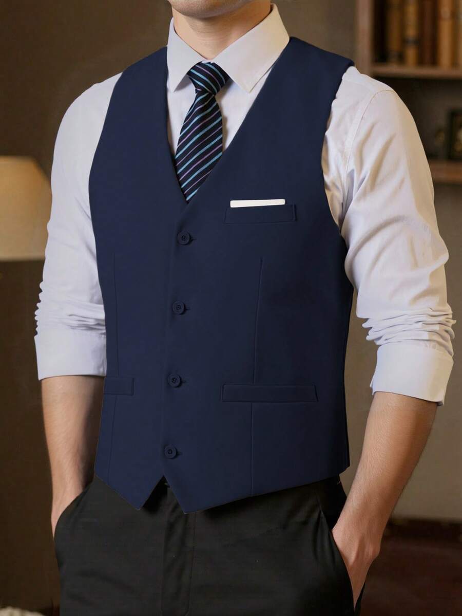 Men's Solid Color Formal Suit Vest, Large Pocket Design, Business Wedding Party Suit Set, Can Be Paired With Men's Suit