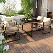 5 Piece Garden Dining Set With 1 Dining Table & 4 Stackable Chairs, Outdoor Patio Furniture Seating Group With Fine Rope & Iron Frame, 5mm Thick Glass Table Top - Beis - Ver 1