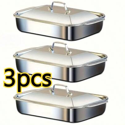 2/3-Piece High-Quality Extra-Large Heavy-Duty Stainless Steel Baking Pan With Lid - Thick Square Oven Tray For Desserts Baking Pans, Breads And Seafood Cake Pans. Perfect For Grilling And Buffet Service Trays | Spacious Design | Oven Tray With Non-Stick & Easy-To-Clean Surface, Modern Kitchenw Serving Trays And Platters