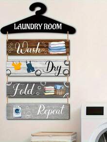 2D Flat Vintage Farmhouse Laundry Room Wall Decor - Rustic Blue & White Faux Wood Decor With Laundry Stage Labels (Wash, Dry, Fold, Repeat) - Bathroom, Bedroom, Laundry Room Wall Art - Includes Easy Installation Hardware, Farmhouse Style, Handcrafted Look, Home Decor, 2D Flat - Multicolor - View 4
