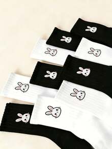 20pcs/10pcs/2pcs Women Rabbit Design Mid-Calf Socks, Sports Socks, Fashion Minimalist Casual Comfortable Versatile For All Seasons - Black and White - View 4