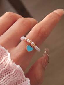 一套精致可爱百搭时尚仿珍珠心形戒指，适合女性日常、节日、派对佩戴 - 三件式戒指 - 查看 3