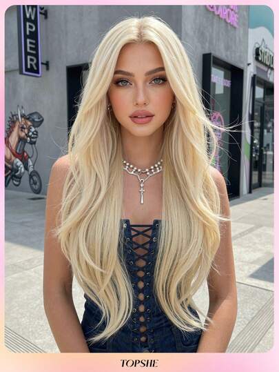 TOPSHE 32-Inch Golden Long Curly Wig With Middle Part Bangs - Extra Long Wig, Heat-Resistant Synthetic Hair, Suitable For Daily Wear, Halloween, Christmas, Holiday Parties - Multiple Colors Available