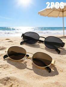 FIYLROG 1pc/2pcs Vintage Oval Frame Men's Fashion Glasses, Unique Wide Metal Texture Temples, Perfect For Outdoor Activities And Driving - Multicolor - View 2
