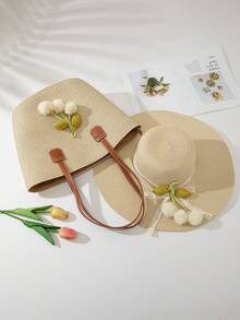1 Hat And 1 Bag, Suitable For Vacation Wear - Pom-pom Flower Beige - View 2
