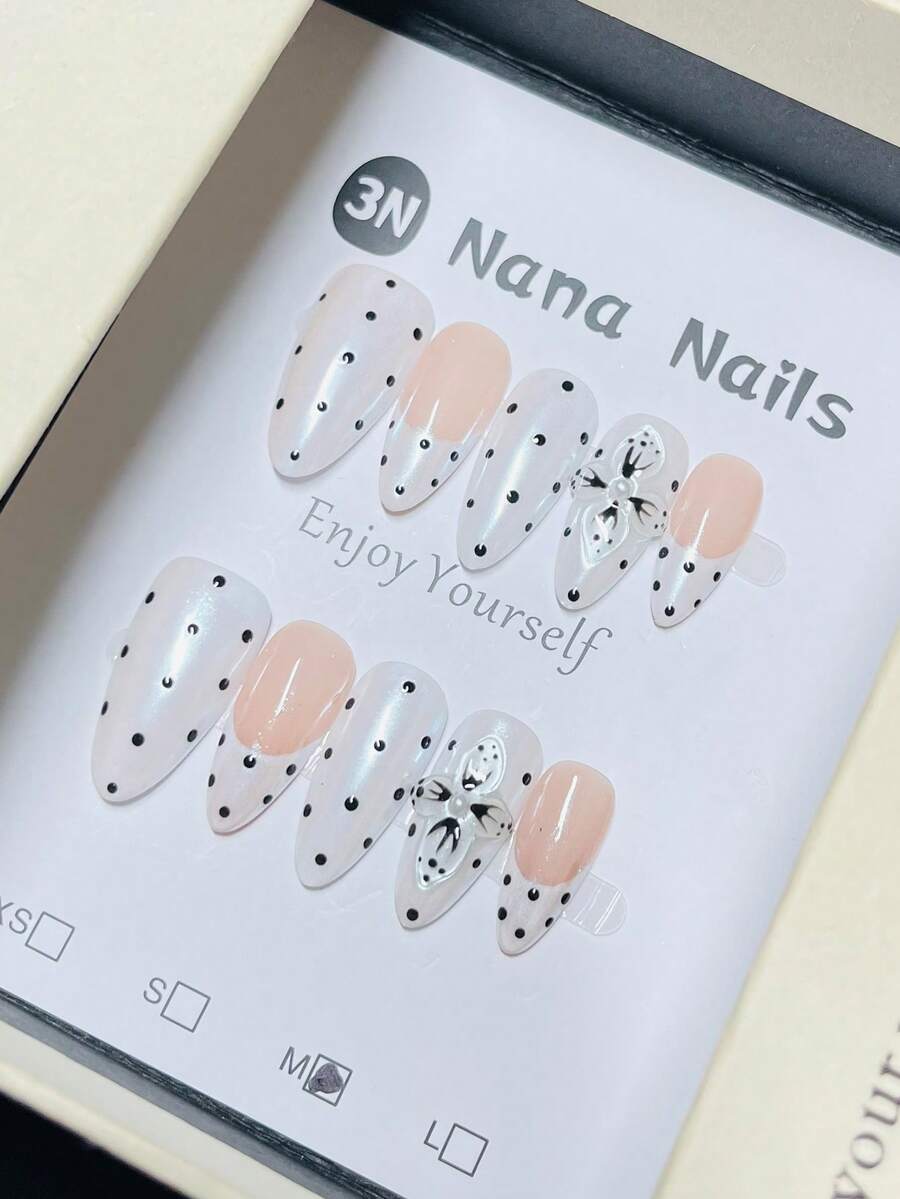 1package/10pcs-Luxury Handcrafted French Tip Polka Dot Long Stiletto Press On Nails | 3D Butterfly & Cat Eye Decor | Salon Quality Fake Nails - White - View 1