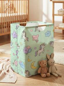 1 pièce Grand panier à linge pliable avec poignée en bois, imprimé avec motif poney, panier à linge pliable durable pour salle de bain, nurserie, panier de rangement polyvalent - Multicolore - Voir 10