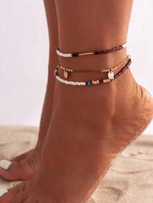 3pcs Bohemian Multi-Layer Beaded Colorblock Anklet, Casual Beach Style Shell Anklet - Multicolor - View 1