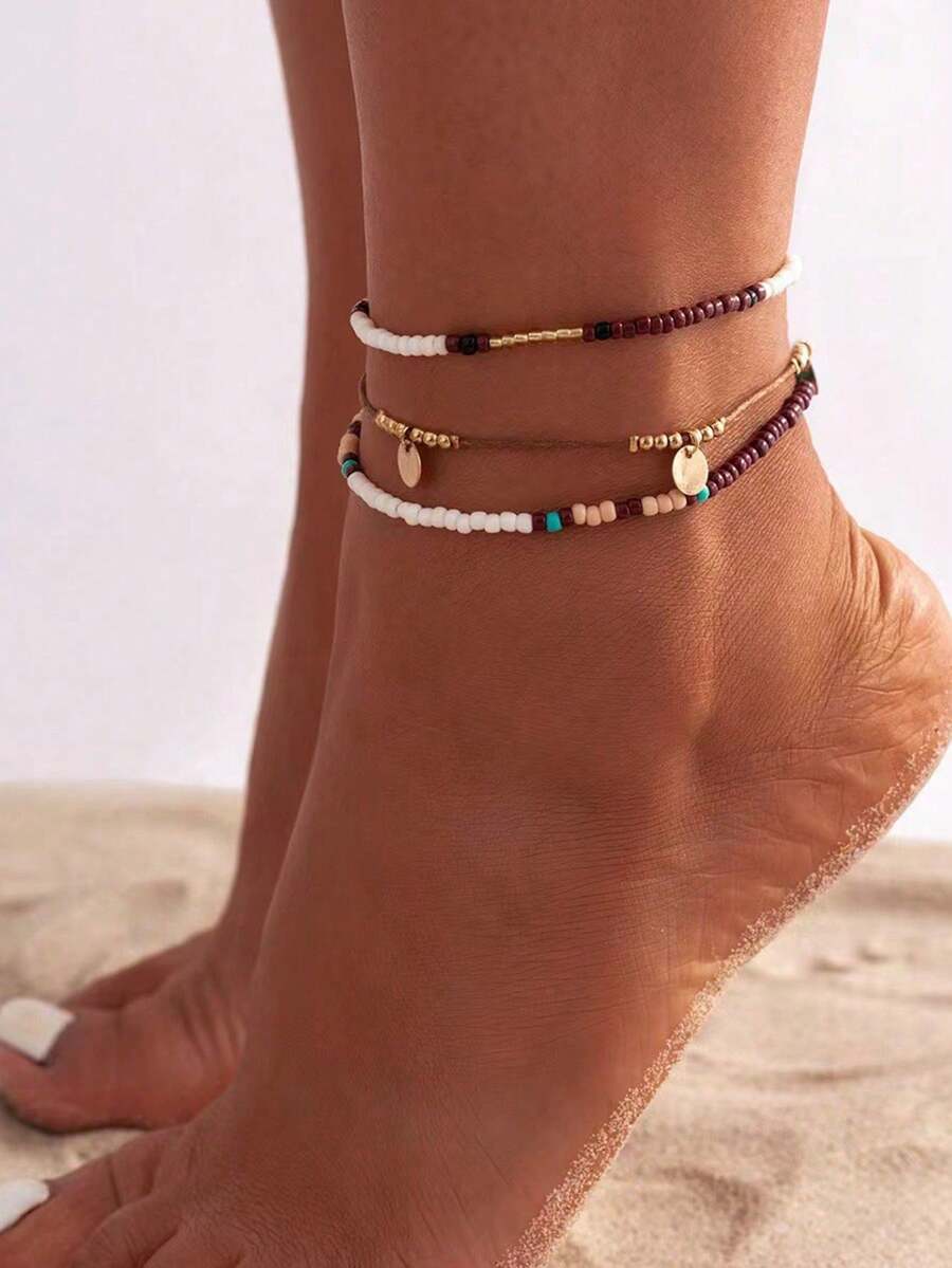 3pcs Bohemian Multi-Layer Beaded Colorblock Anklet, Casual Beach Style Shell Anklet - Multicolor - View 1