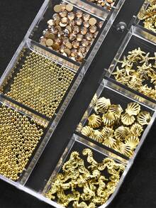 12件套3D海洋主题美甲饰品，金色金属贝壳海星珍珠水钻，夏季沙滩合金海螺美甲钉，女士美甲用品 - 彩色 - 查看 7