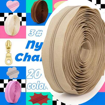 1套 = 4.5米拉链 + 10个拉链头，3号链条配10个金色拉链头，色彩缤纷，20种颜色可选，适用于服装、箱包、家纺、手工艺品