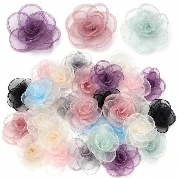 5pcs/Pack 3D Mesh Burnt Edge Flower 4.5cm, Elegant Clothing Shoes Hats Decor Fabric Accessory, Handmade Lace Craft Floral Decor For Hair Accessories Earrings Jewelry, Lifelike Multi-Layered 3D Mesh Flower