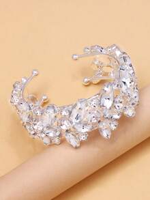 1pc Fashionable Asymmetrical Crystal Leaf Bangle, Versatile Niche Design Luxury Fully Paved Rhinestone Wedding Accessory For Women - Silver - View 7