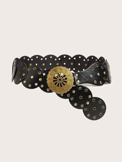1 chiếc thắt lưng nữ phong cách BOHO cổ điển màu đen mờ với khóa rỗng, phối nhiều mảnh vải, đinh tán đồng Y2K hình tròn, phù hợp với váy, chân váy, quần jeans, quần tây thường ngày, thích hợp cho các bữa tiệc, trường học, mặc hàng ngày, du lịch, đi biển, làm quà tặng, sinh nhật, Ngày của Mẹ, lễ hội âm nhạc, mùa tựu trường.