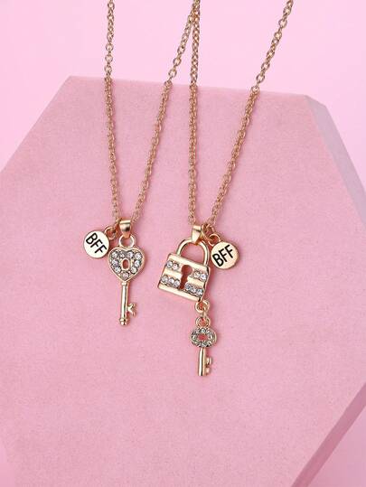 2pcs/Set Kids Cartoon BFF Rhinestone Key & Lock Pendant Necklace Set, Suitable For Daily Wear, Gift, Holiday