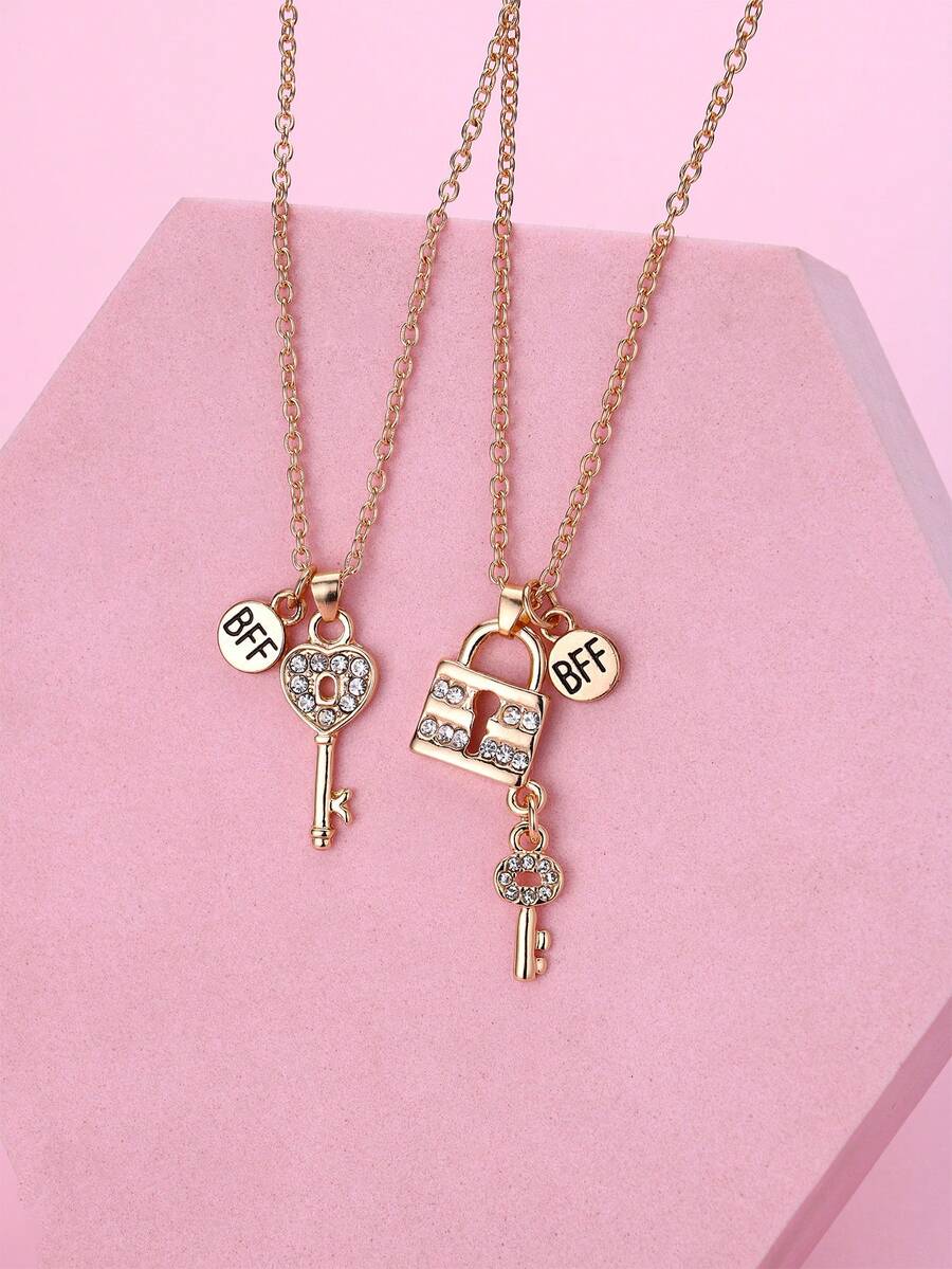 2 peças/Conjunto Colar Pingente de Chave e Cadeado com Strass Cartoon BFF para Crianças, Adequado para Uso Diário, Presente, Feriado - Dourado - Visão 1