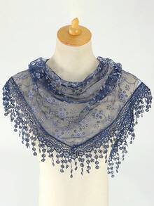 1 chiếc khăn tam giác/khăn trùm đầu thời trang nữ, viền ren hoa, phụ kiện, thích hợp cho dịp lễ. - Màu xanh hải quân - Xem 3