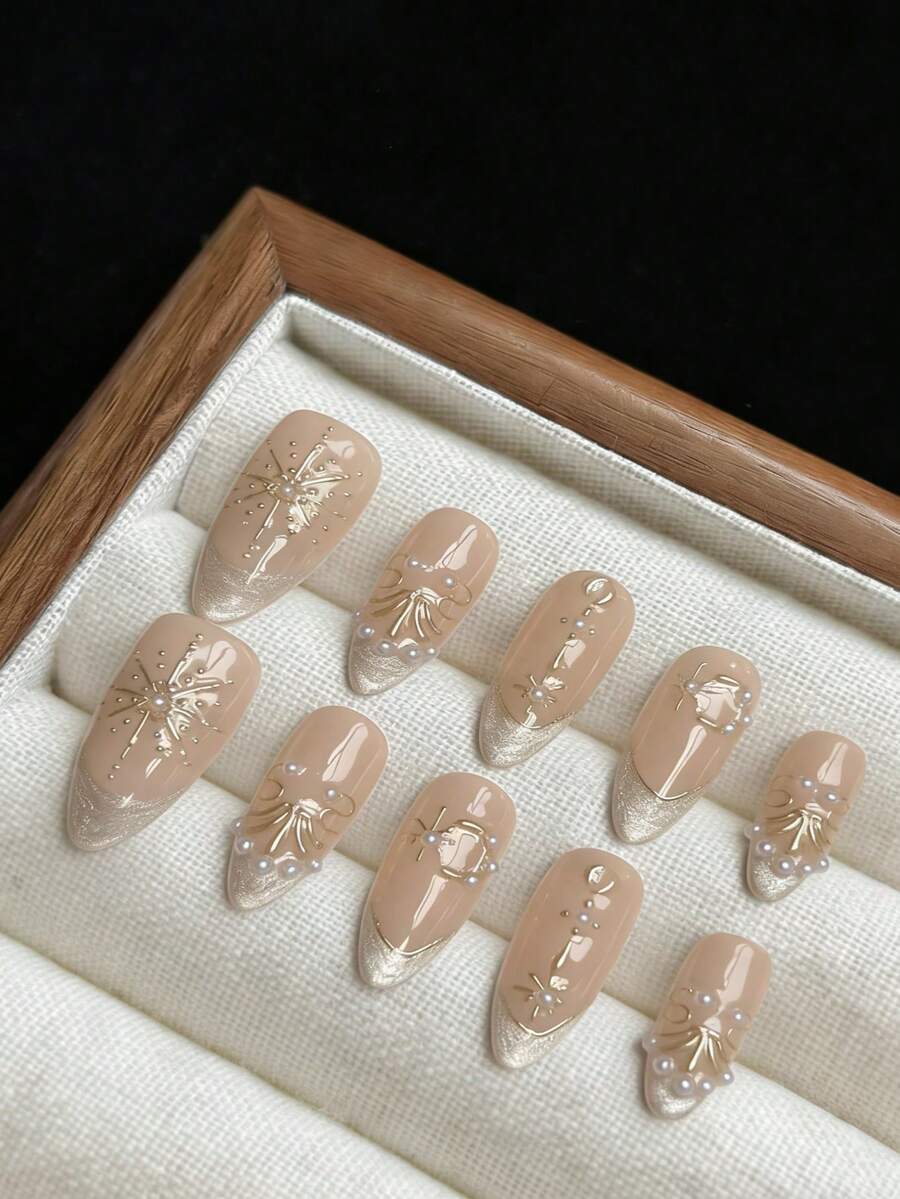 qihangxin 10pcs Handmade Long Fake Nails, Pink With Gold Accents And Pearls, 3D Gold Embossed French, Sapphire Cat, Rhinestone Red, Summer Style, Nude Pink Base, Blue, Gold And Silver Grey, 3 Options, Almond Shape, Suitable For Daily Wear, Free Tool Set - Grey - View 1