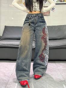 1pc Women's Loose Fit Embroidered Wide Leg Jeans, Comfortable Casual High Street Versatile Denim Pants (Belt/Accessories Not Included) - Bronze - View 5