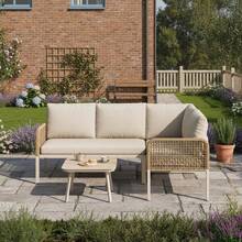 Outdoor Garden Set With Wood-Look Tempered Glass Table, Convertible 4 Seater Polyester Rope Conversation Set With Sofa & Armchairs, Weatherproof Patio Corner Sofa For Balcony & Terrace, Beige - Beige - View 9