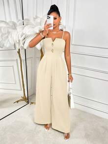 AIJ Amarilo 优雅女士无袖长款连体裤，金色纽扣细节，吊带款式 - 适合夏季、休闲派对、节日和日常穿着 - 杏色 - 查看 1