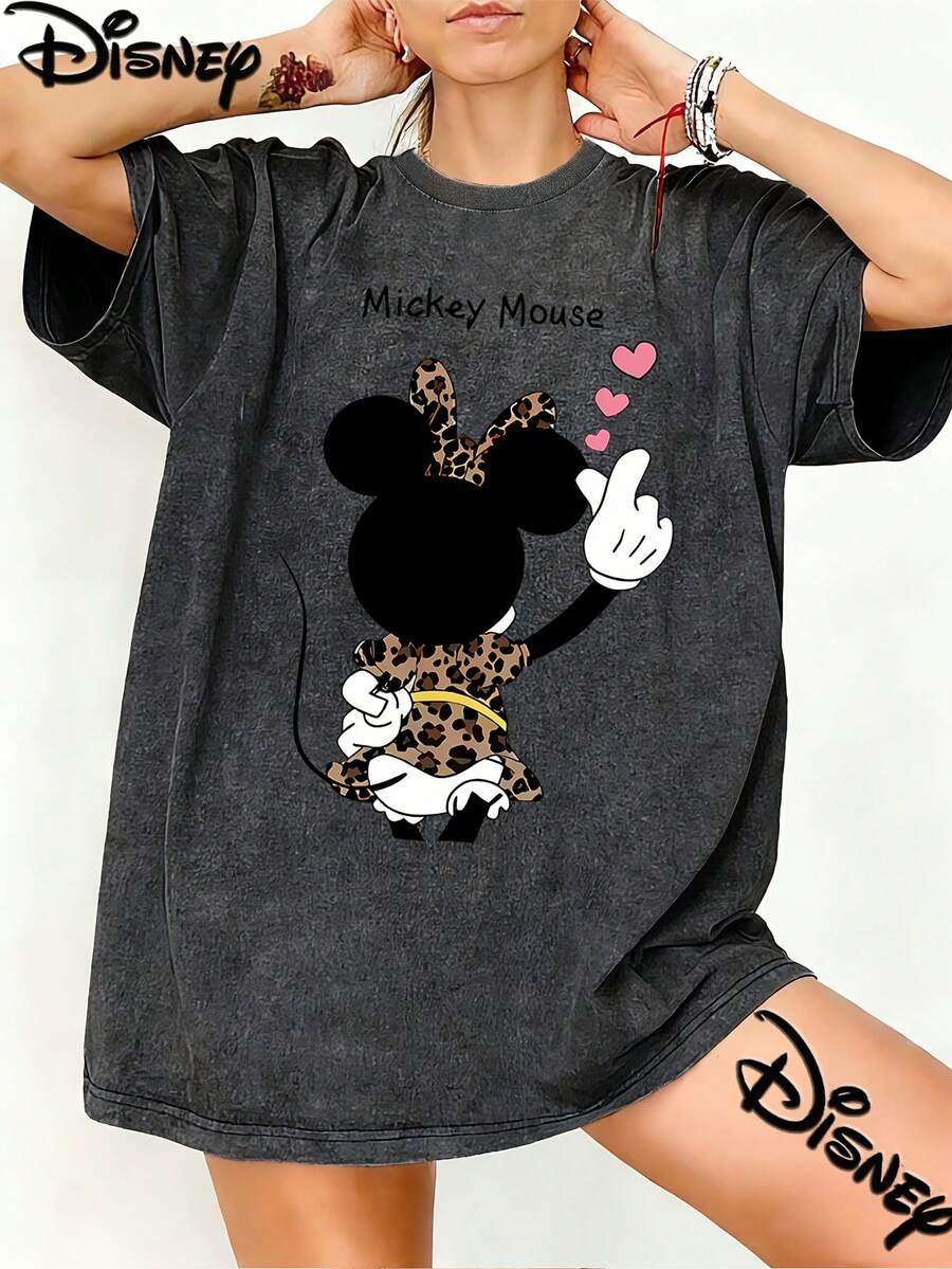 Disney Cartoona Print Oversized Vintage Washed T Shirt With Design Letter MShape Leopard Print Minnie Streetwear 2026 Spring Summer Retro Fashion Must Have Crew Neck Tee - Black - View 1