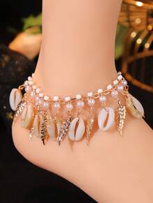 1pc Fashion Ocean Element Jewelry, Bohemian Style Tassel Faux Shell & Leaf Charm Beach Resort Jewelry Anklet For Women - Gold - View 5