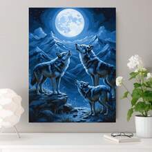 Kit de 1 pieza para pintar por números de lobo bajo la luna, adecuado para adultos y principiantes, arte DIY de lobo y montaña en noche estrellada con lienzo prenumerado, pinturas incluidas - tela sin marco para regalo de decoración del hogar, para pinturas con temática de naturaleza - Enmarcado - Ver 3