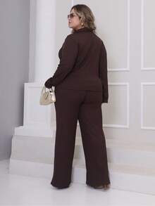 Women's Plus Size Winter Set, Plain, Consisting Of Wide-Leg Pants And A Zippered Top In Ribbed, Fleece-Lined Knit Fabric. - Coffee Brown - View 4