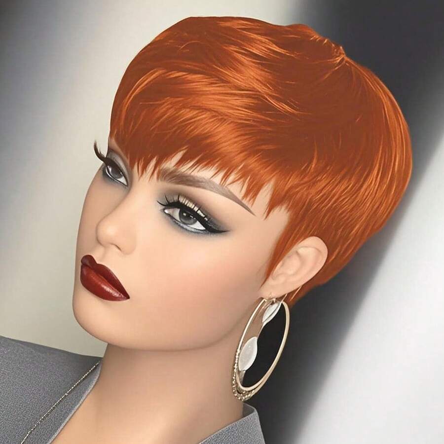 Ginger Color Human Hair Wigs Short  Pixie Cut Wig With Bangs Orange Ginger Color Full Machine Made Wig - 薑黃色和橙色 - 查看 1