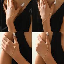 1pc Gold-Tone Cross Heart, Faux Pearl & Glass Rhinestone Connected Finger Bracelet, For Beach Vacation Valentines,Mom,Mother,Mother's Day,Gift - Yellow Gold - View 7
