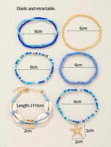 7pcs Tropical Ocean Bohemian Style Beaded Alloy Starfish & Shell Decor Bracelet Set - Blue - View 3