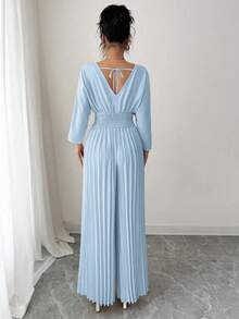 Women's Jumpsuit With Wide-Leg Pants, V-Neck, Overlay, Elegant, Fitted Waist, And Pleats. - 淺藍色 - 查看 3